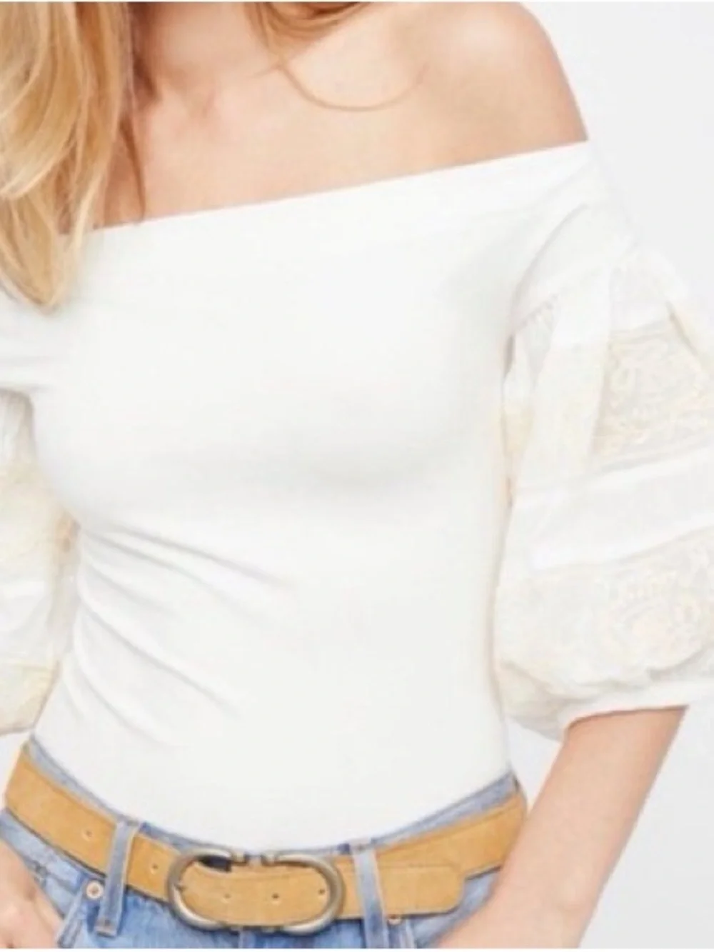 White Off-Shoulder Top with Embroidered Puff Sleeves